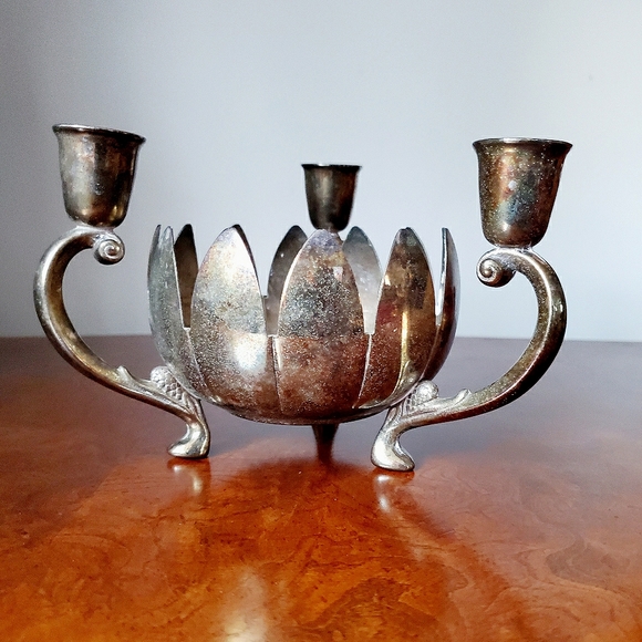 Vtg Silverplate Lotus Flower Bowl and Candlestick